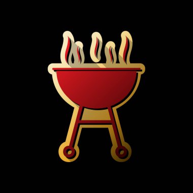 Barbekü basit kayıt. Vektör. Küçük siyah ve sınırsız gölgeler, siyah zemin üzerine altın etiket ile kırmızı simge.