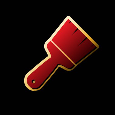 Fırça işareti illüstrasyon. Vektör. Küçük siyah ve sınırsız gölgeler, siyah zemin üzerine altın etiket ile kırmızı simge.