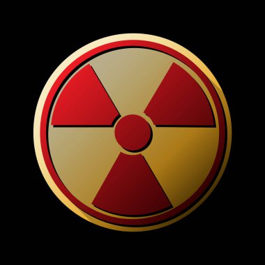 Radyasyon yuvarlak işareti. Vektör. Küçük siyah ve sınırsız gölgeler, siyah zemin üzerine altın etiket ile kırmızı simge.
