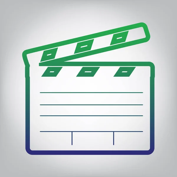 电影拍手板电影标志 绿色到蓝色渐变轮廓图标在灰色背景与光在中心 — 图库矢量图片