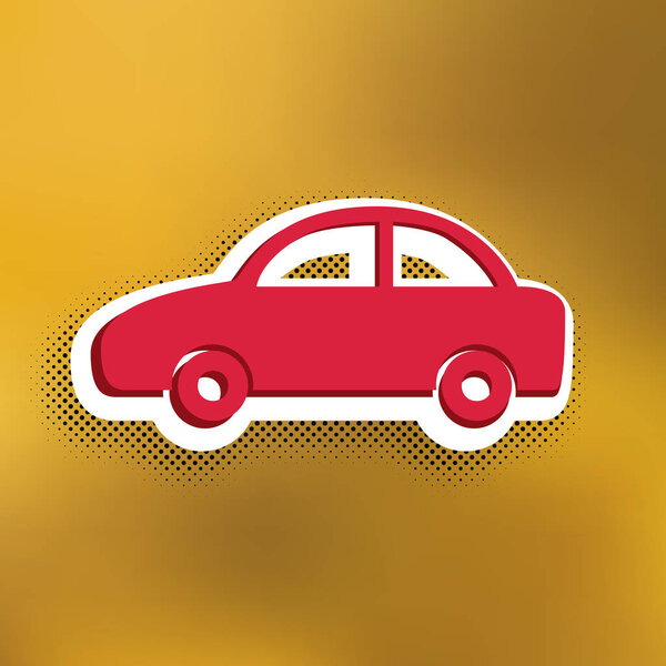 Car sign illustration. Vector. Magenta icon with darker shadow, white sticker and black popart shadow on golden background.