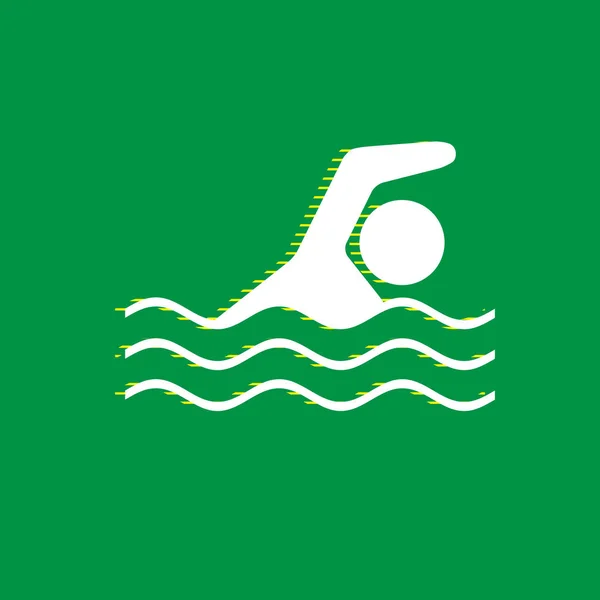 Swimming water sport sign. Vector. White flat icon with yellow striped shadow at green background.