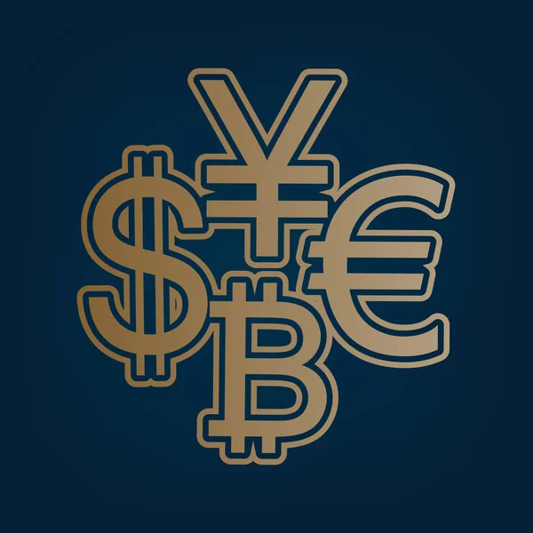 Währungszeichensammlung Dollar Euro Bitcoin Yen Vektor Goldenes Symbol Und Rand — Stockvektor