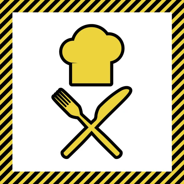 Šéfkuchař Nožem Vidličkou Znamení Vektor Teplá Žlutá Ikona Černými Obrysy — Stockový vektor