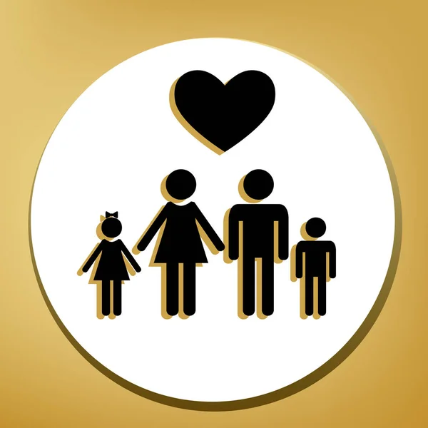 Family symbol with heart. Husband and wife are kept children's hands. Love. Vector. Black icon with light brown shadow in white circle with shaped ring at golden background.