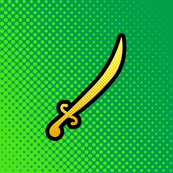 剣の印のイラスト ベクトル 緑の背景に黒い輪郭に黄色のドット グラデーション アイコンをオレンジ ポップアートします — ストックベクタ