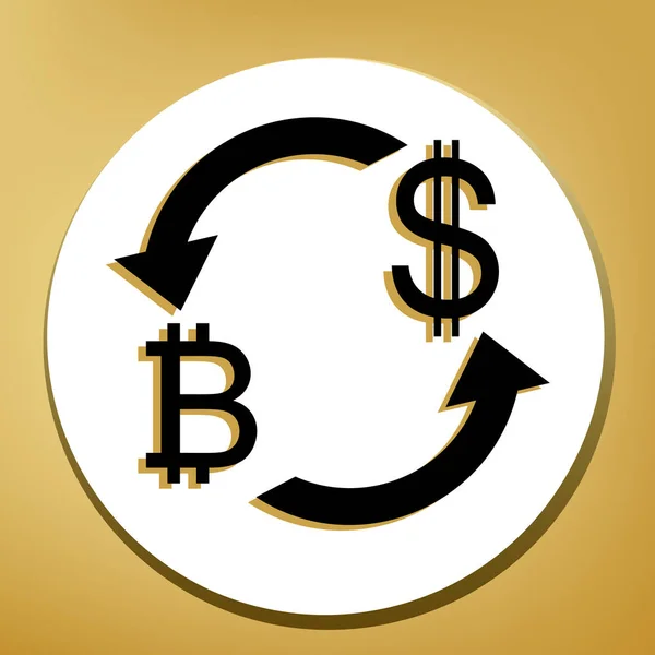 通貨は交換サインです ビットコインと米国ドル ベクトル 形リング金色の背景に白い円で黒い影の光と黒のアイコン — ストックベクタ