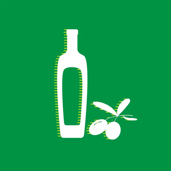 Schwarzer Olivenzweig Mit Olivenölflaschenschild Vektor Weißes Flaches Symbol Mit Gelb — Stockvektor