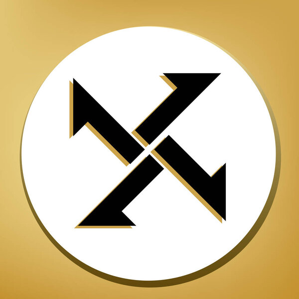 Cross from arrows icon. Vector. Black icon with light brown shadow in white circle with shaped ring at golden background.