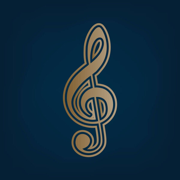 Music violin clef sign. G-clef. Treble clef. Vector. Golden icon and border at dark cyan background.