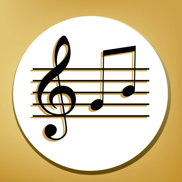 Music violin clef sign. G-clef and notes G, H. Vector. Black icon with light brown shadow in white circle with shaped ring at golden background.