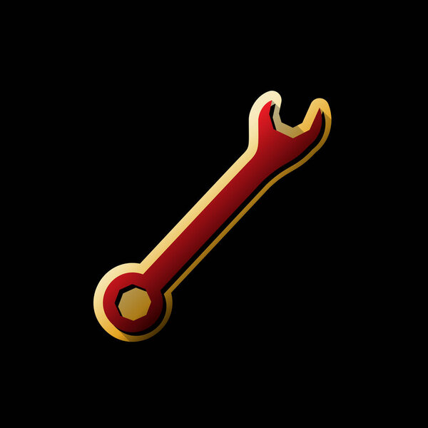 Перекрещенный знак гаечного ключа. Вектор. Красная иконка с маленькими черными и безграничными тенями на золотой наклейке на черном фоне
.