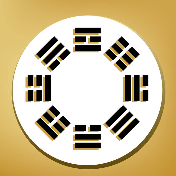 Bagua sign. Vector. Black icon with light brown shadow in white circle with shaped ring at golden background.