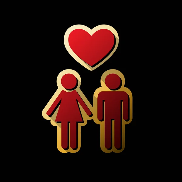 家庭符号与心 丈夫和妻子互相牵手 红色图标与小黑色和无限的阴影在黑色背景的金色贴纸 — 图库矢量图片