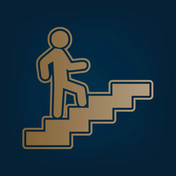 Человек Лестнице Поднимается Вектор Золотая Икона Граница Темно Голубом Фоне — стоковый вектор