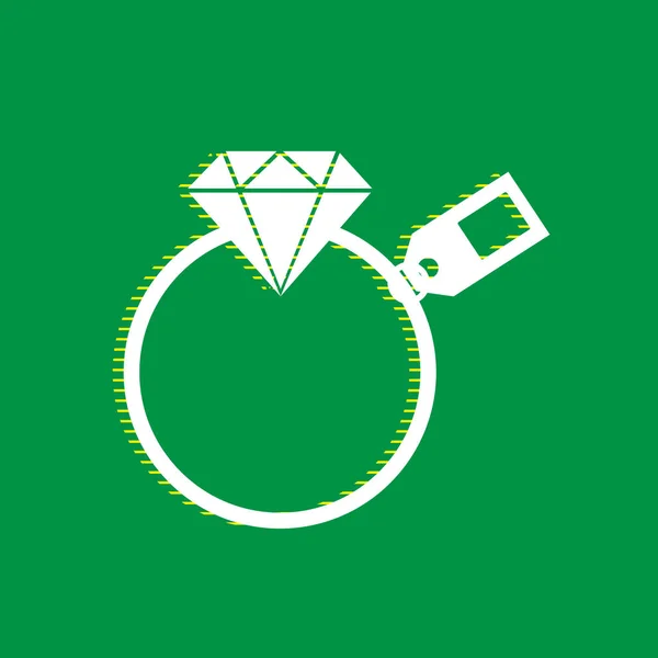带有标签的钻石标志 白色平面图标 绿色背景为黄色条纹阴影 — 图库矢量图片