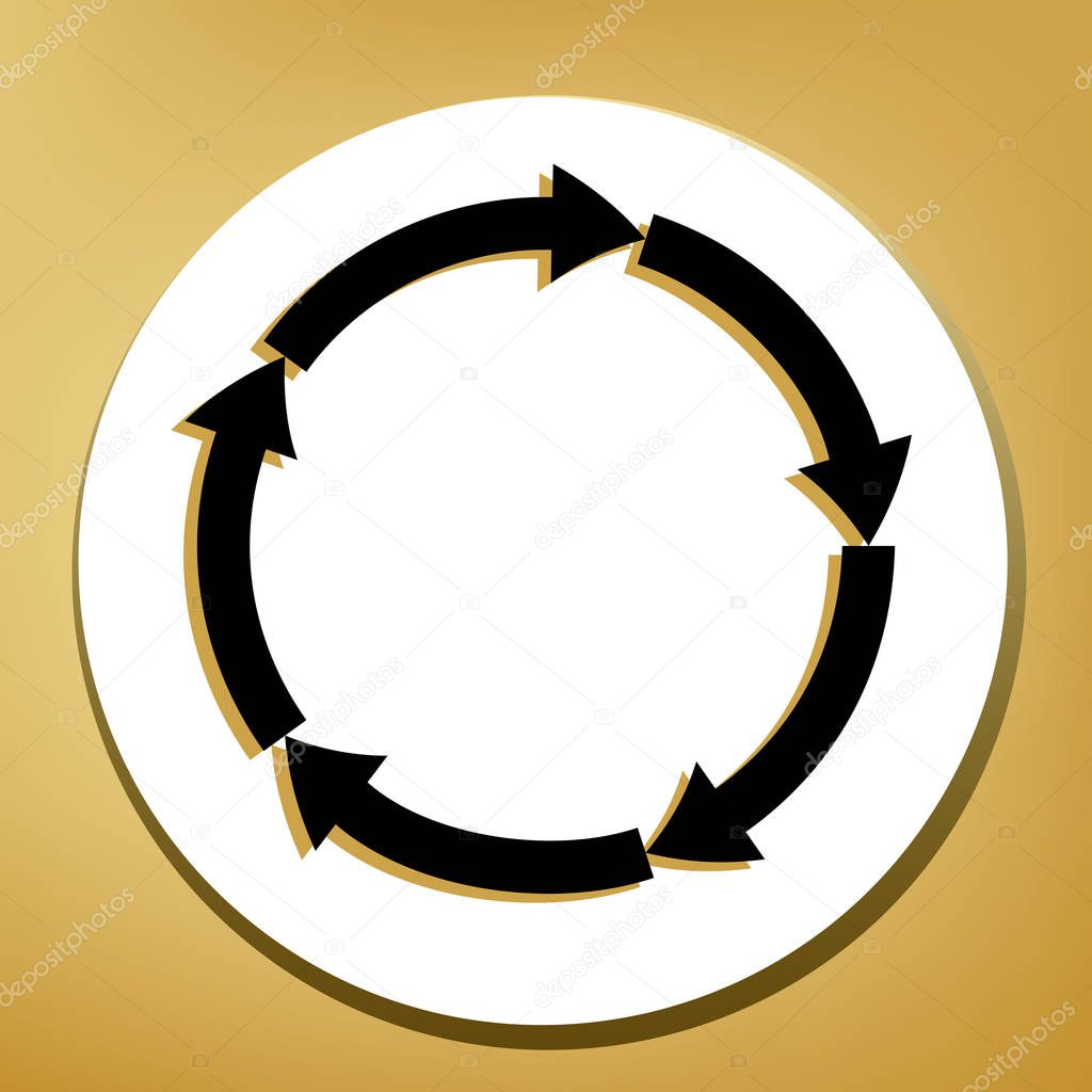 Circular arrows sign. Vector. Black icon with light brown shadow in white circle with shaped ring at golden background.