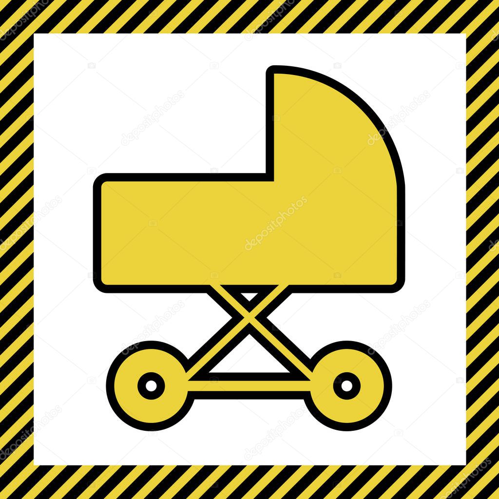 Pram sign illustration. Vector. Warm yellow icon with black contour in frame named as under construction at white background. Isolated.