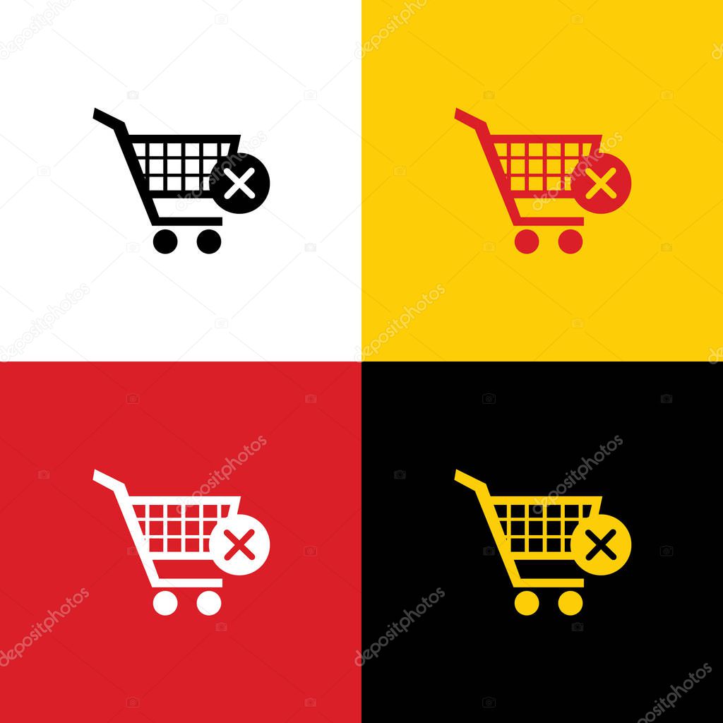 Shopping Cart with delete sign. Vector. Icons of german flag on corresponding colors as background.