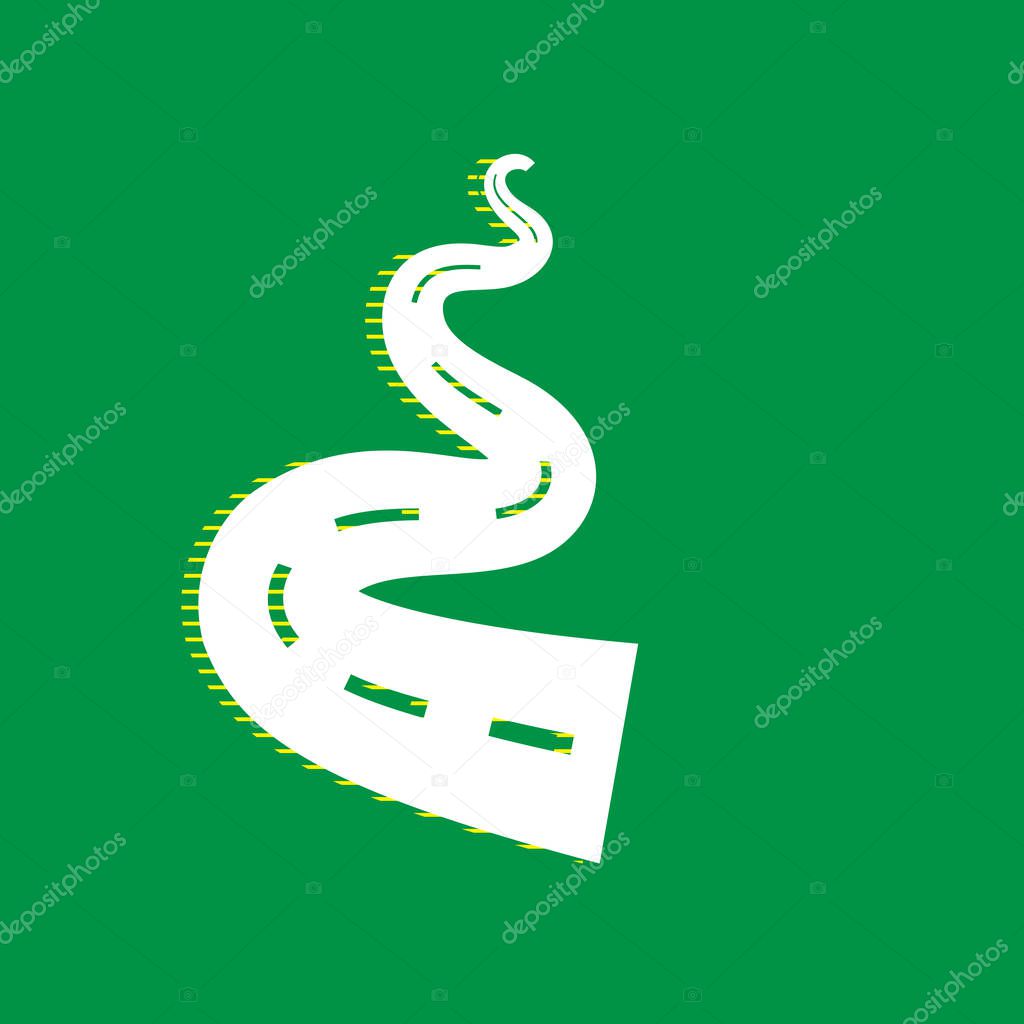 Road simple sign. Vector. White flat icon with yellow striped shadow at green background.