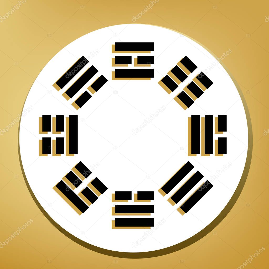 Bagua sign. Vector. Black icon with light brown shadow in white circle with shaped ring at golden background.