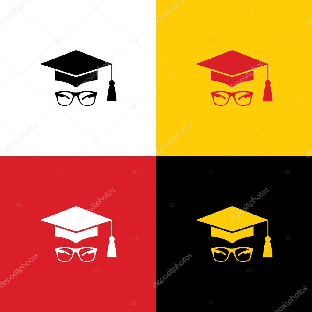 Mortar Board or Graduation Cap with glass. Vector. Icons of german flag on corresponding colors as background.