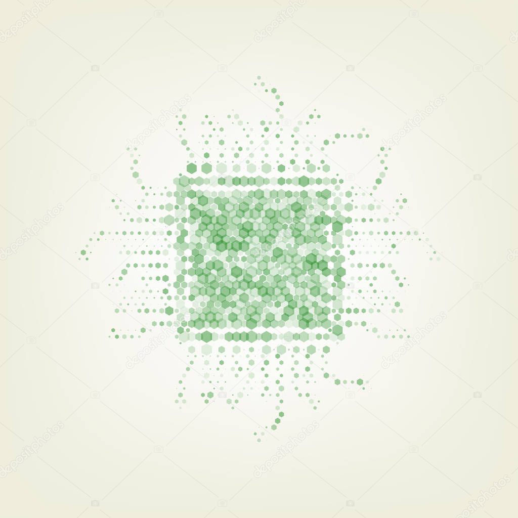 CPU Microprocessor illustration. Vector. Green hexagon rastered icon and noised opacity and size at light green background with central light.