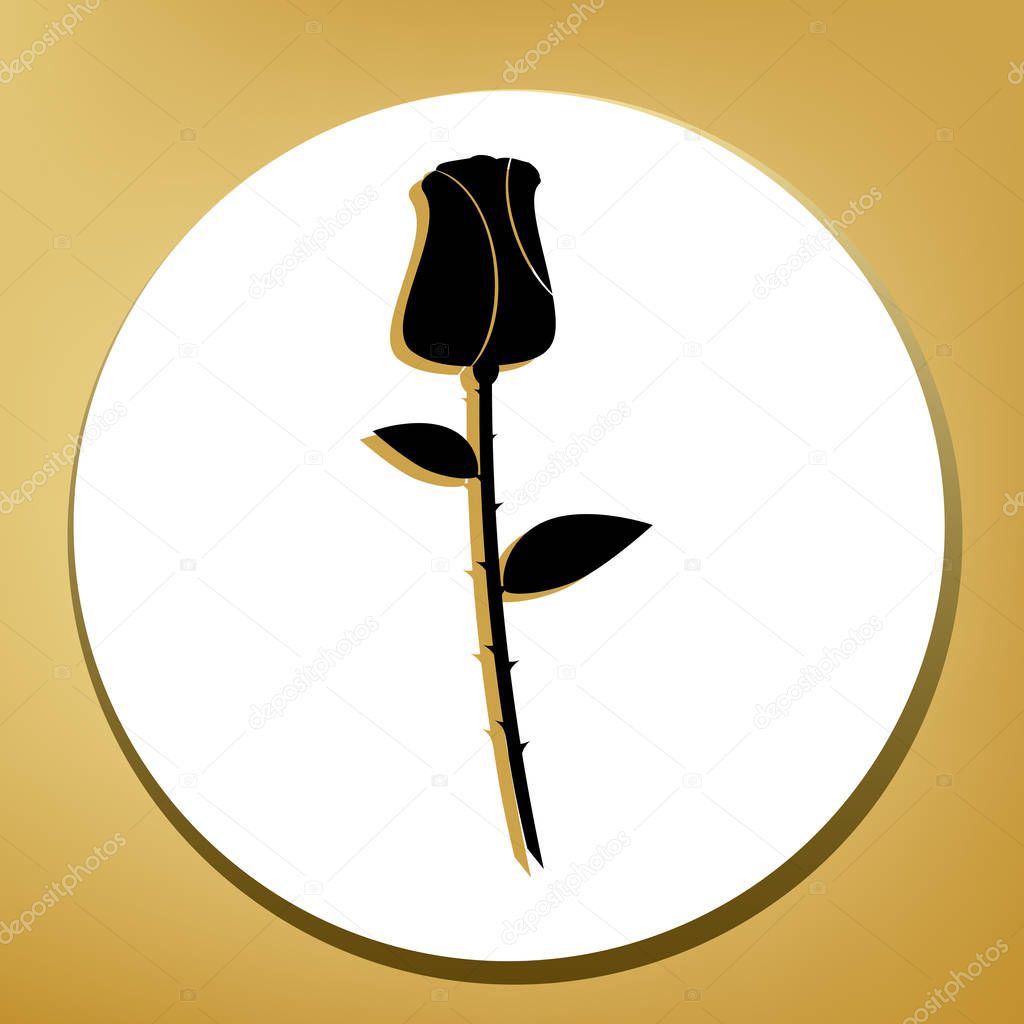 Rose sign illustration. Vector. Black icon with light brown shadow in white circle with shaped ring at golden background.