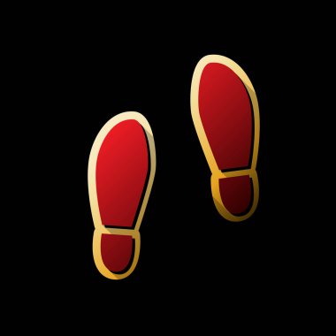 Ayak ayakkabı işareti künye. Vektör. Küçük siyah ve sınırsız gölgeler, siyah zemin üzerine altın etiket ile kırmızı simge.