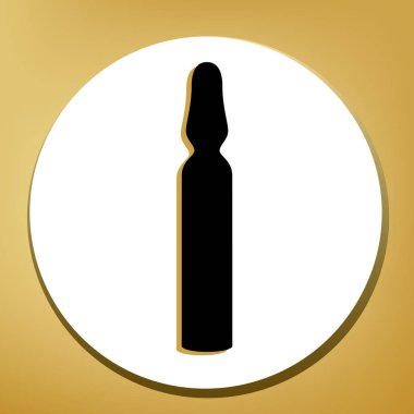 Tıbbi ampül işareti. Vektör. Beyaz daire şeklinde yüzük, altın arka plan ile hafif kahverengi gölgeli siyah simgesi.