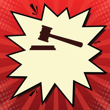 Adalet çekiç işareti. Vektör. Limon şifon çekim kabarcığın ışınları ile kırmızı popart arka plan, koyu kırmızı simge.