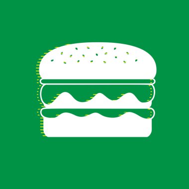 Burger basit kayıt. Vektör. Yeşil arka plan, sarı çizgili gölge beyaz düz simgesi.