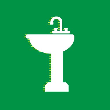 Banyo lavabo üye. Vektör. Yeşil arka plan, sarı çizgili gölge beyaz düz simgesi.