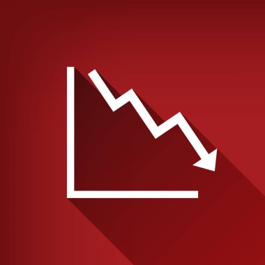 Aşağıya doğru gösteren kriz işaret eden ok. Vektör. Yakut kırmızı arka plan, sınırsız gölge beyaz simgesi.