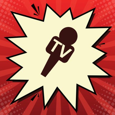 TV mikrofon işaret illüstrasyon. Vektör. Limon şifon çekim kabarcığın ışınları ile kırmızı popart arka plan, koyu kırmızı simge.