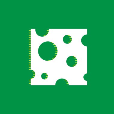 Peynir dilimi işareti. Vektör. Yeşil arka plan, sarı çizgili gölge beyaz düz simgesi.