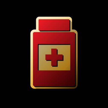 Tıbbi Ambalaj işareti. Vektör. Küçük siyah ve sınırsız gölgeler, siyah zemin üzerine altın etiket ile kırmızı simge.