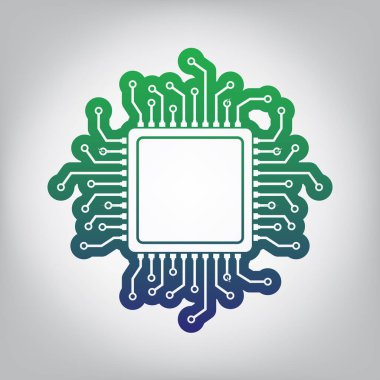 CPU mikroişlemci illüstrasyon. Vektör. Yeşil ışık Center'da grimsi arka plan mavi degrade kontur simgesine.