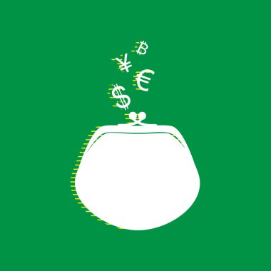 M-cüzdan para birimi simgelerini işaretiyle. Vektör. Yeşil arka plan, sarı çizgili gölge beyaz düz simgesi.