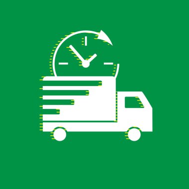 Teslimat işareti illüstrasyon. Vektör. Yeşil arka plan, sarı çizgili gölge beyaz düz simgesi.