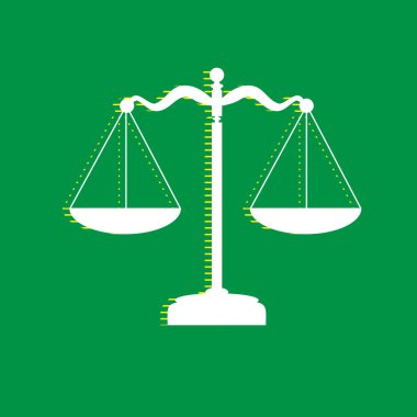 Ölçekler denge işareti. Vektör. Yeşil arka plan, sarı çizgili gölge beyaz düz simgesi.