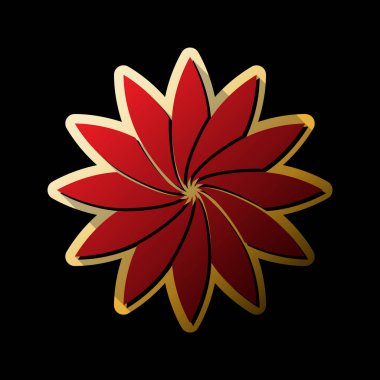 Çiçek işareti. Vektör. Küçük siyah ve sınırsız gölgeler, siyah zemin üzerine altın etiket ile kırmızı simge.