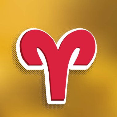 Koç illüstrasyon işareti. Vektör. Altın arka plan üzerinde siyah popart gölge koyu gölge, beyaz etiket ile kırmızı simge.