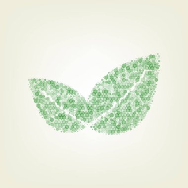 Yaprak işareti illüstrasyon. Vektör. Yeşil altıgen rastered simge ve noised opaklık ve boyut olarak merkezi ışık ile açık yeşil renkli.