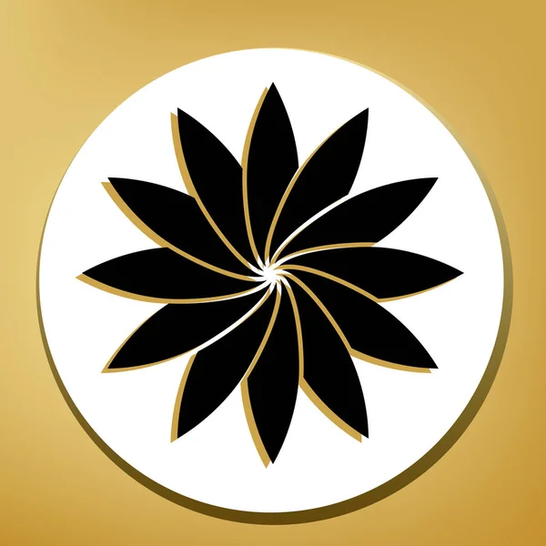 花的标志 黑色图标与浅棕色阴影在白色圈子与形状圆环在金黄背景 — 图库矢量图片