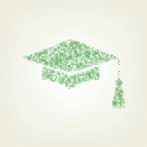 Mortar Board or Graduation Cap, Education symbol. Vector. Green hexagon rastered icon and noised opacity and size at light green background with central light.