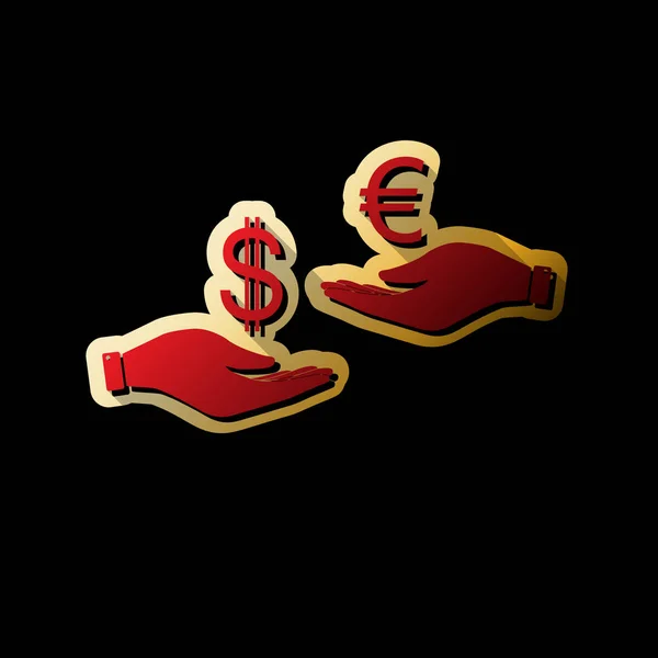 手に手から外貨両替 ドルとユーロ ベクトル 黒い背景と金色のステッカーで小さな黒と無限の影の付いた赤いアイコン — ストックベクタ