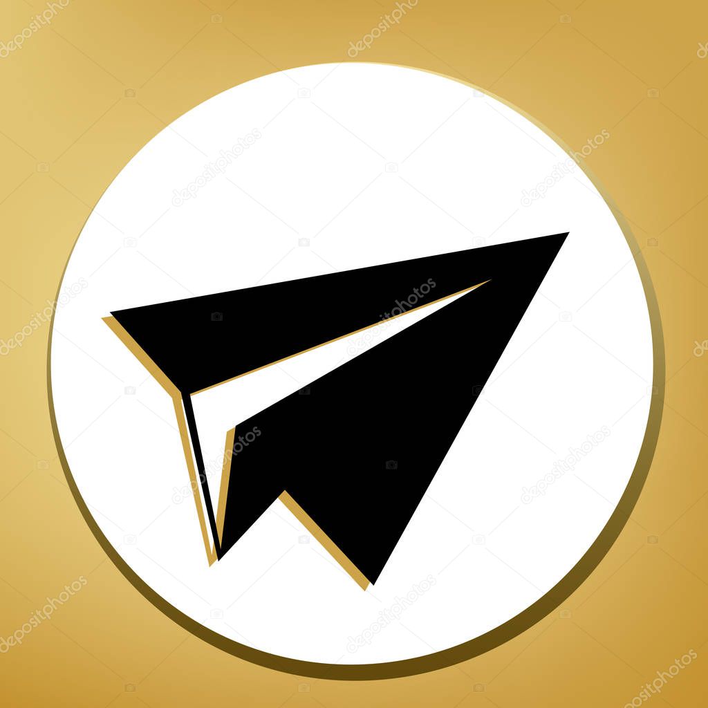 Paper airplane sign. Vector. Black icon with light brown shadow in white circle with shaped ring at golden background.