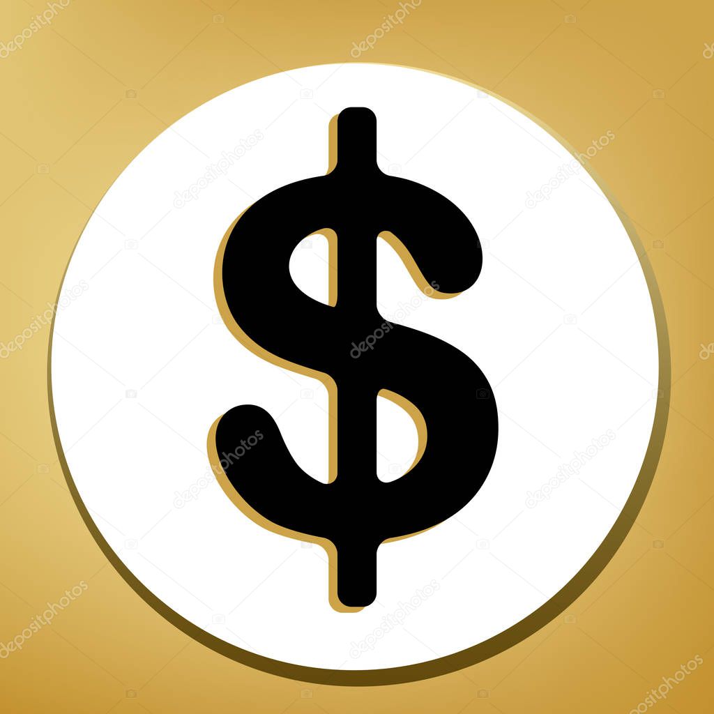 Dollars sign illustration. USD currency symbol. Money label. Vector. Black icon with light brown shadow in white circle with shaped ring at golden background.