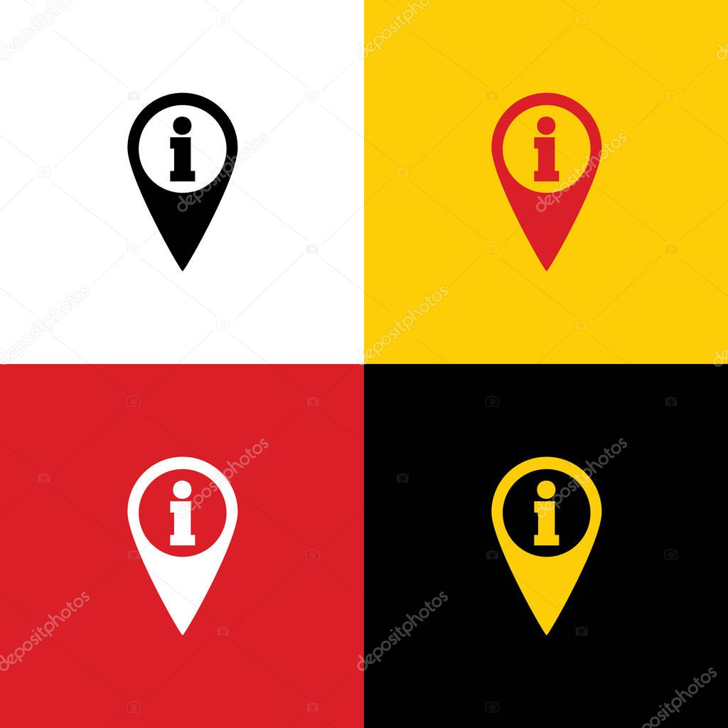Map pointer with information sign. Vector. Icons of german flag on corresponding colors as background.